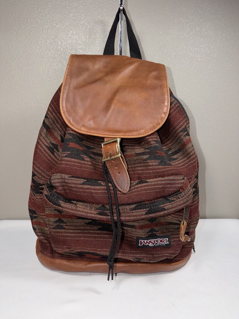 VTG 90's JANSPORT Aztec Southwest Red Backpack Leather Bottom Lodge Pine Daypack